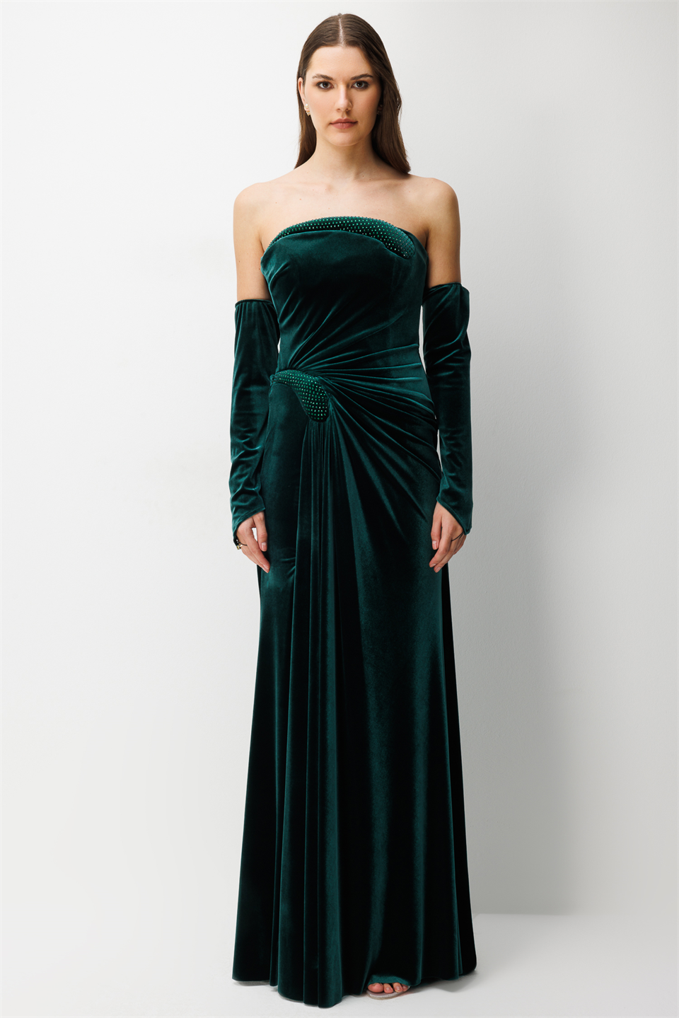 Kadife Taş İşlemeli Yırtmaçlı Gece Elbisesi  YEŞİL
