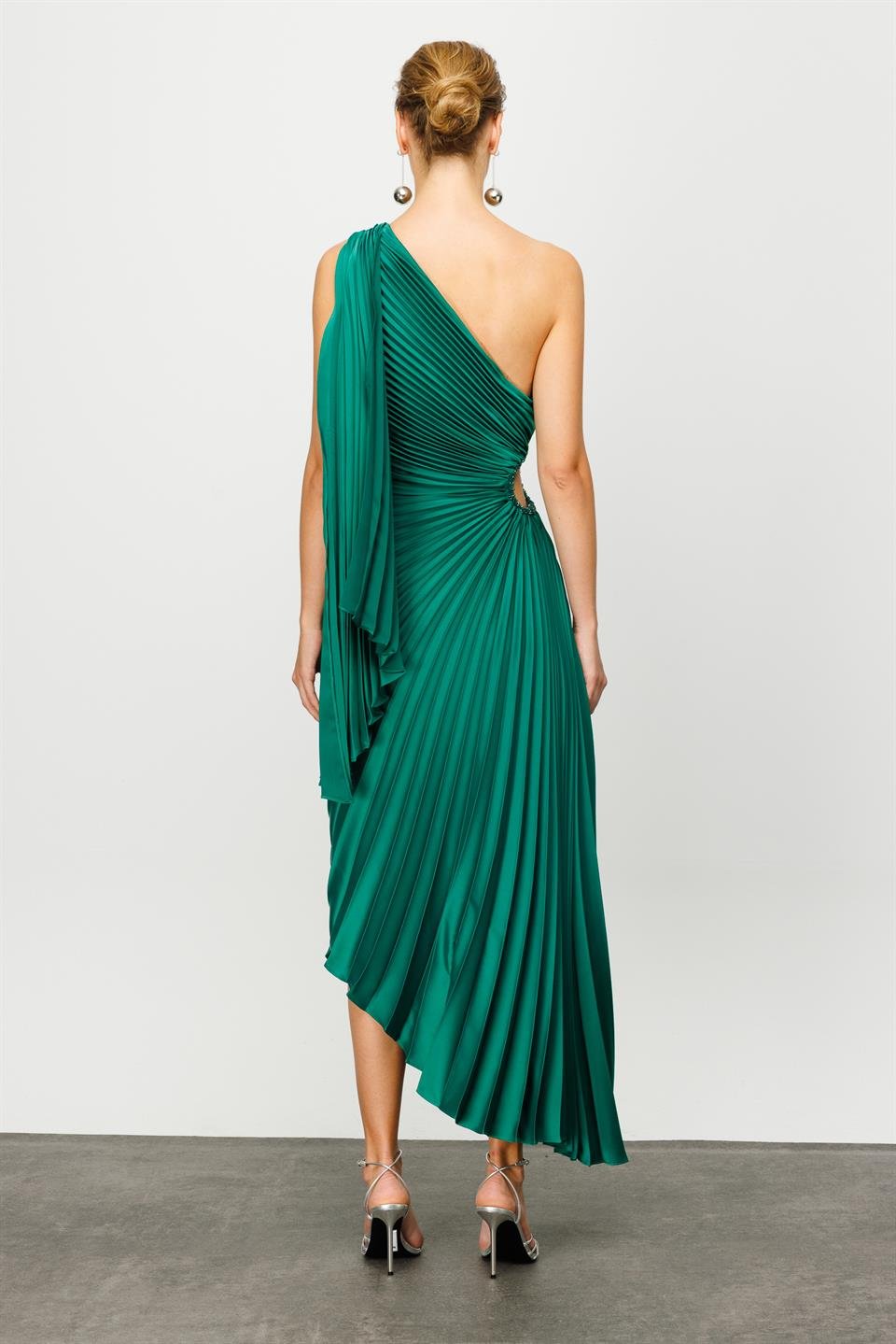 Bel Dekolteli Piliseli Elbise YEŞİL