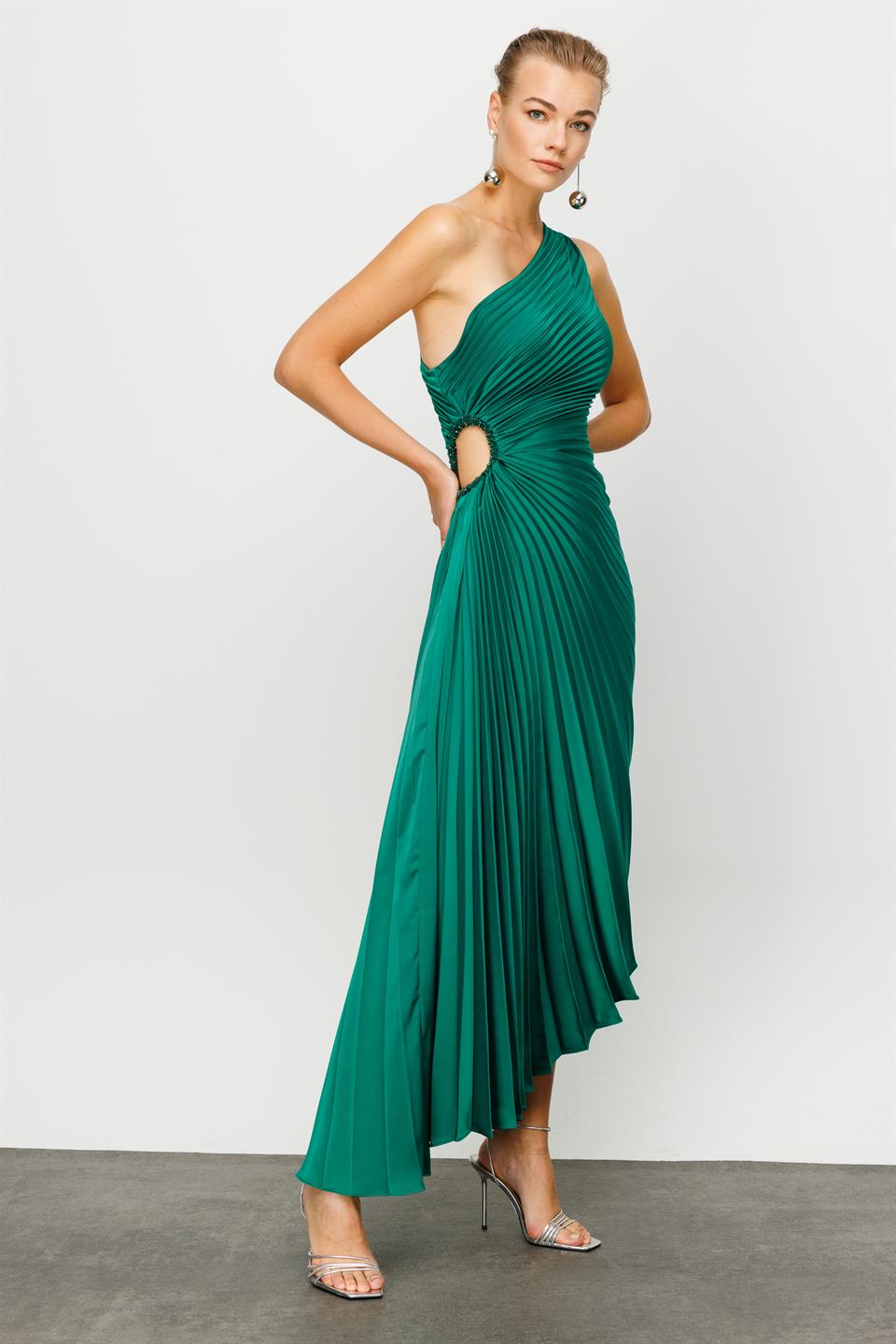 Bel Dekolteli Piliseli Elbise YEŞİL