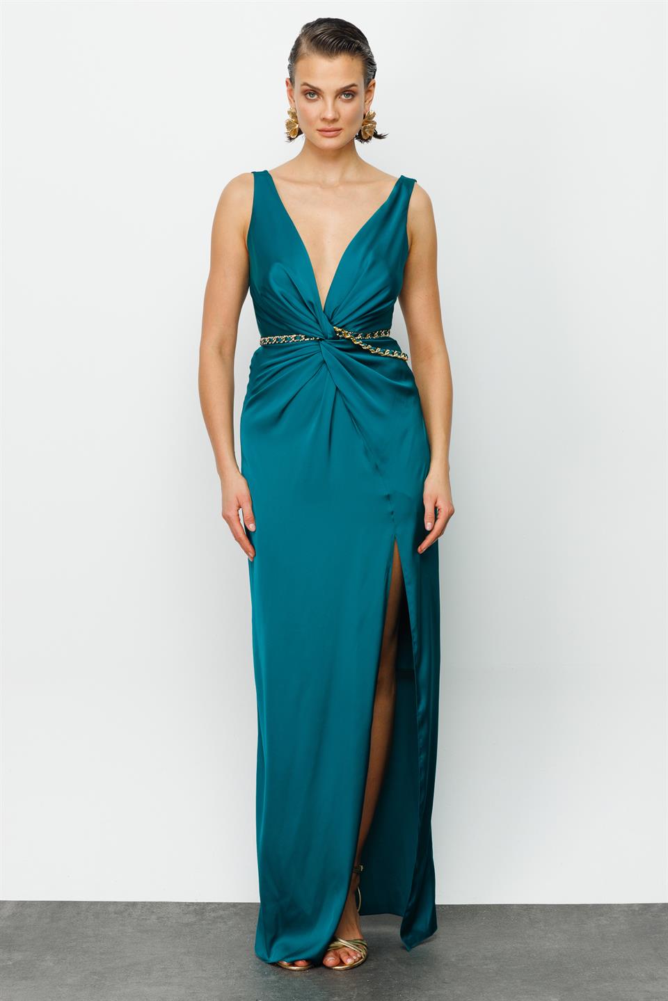 Zincir Aksesuarlı Saten Abiye