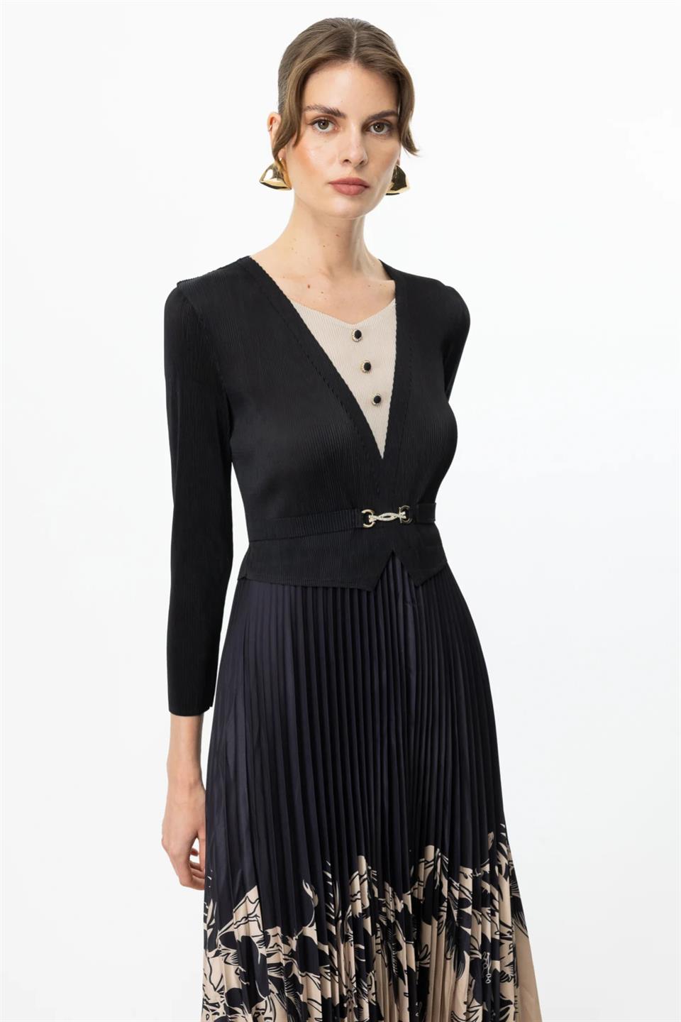 Accordion Fabric Patterned Dress BLACK