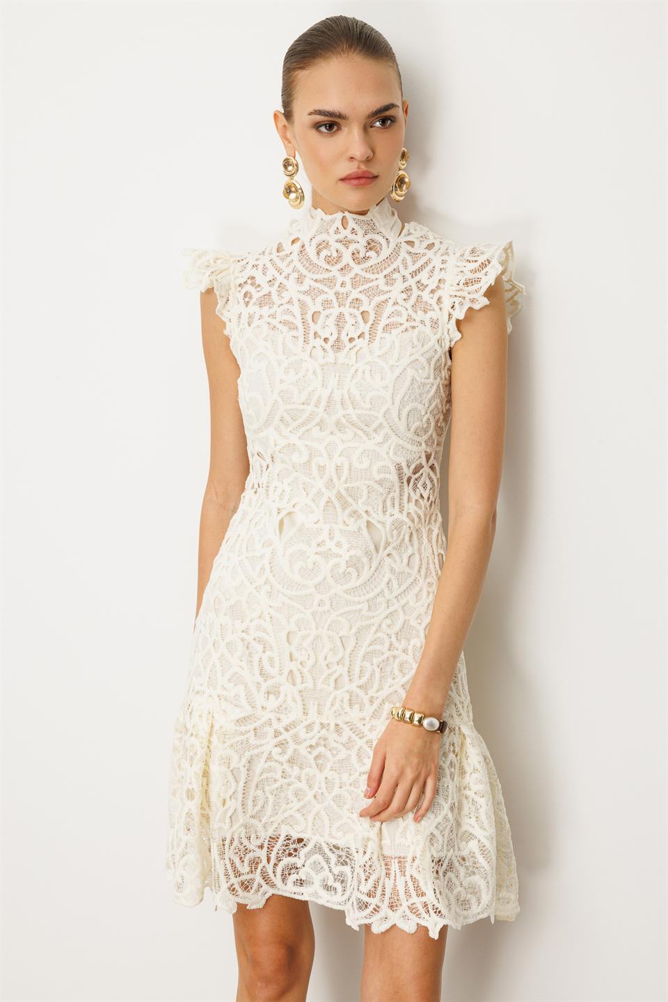 Arka Fular Detaylı Dantel Elbise EKRU