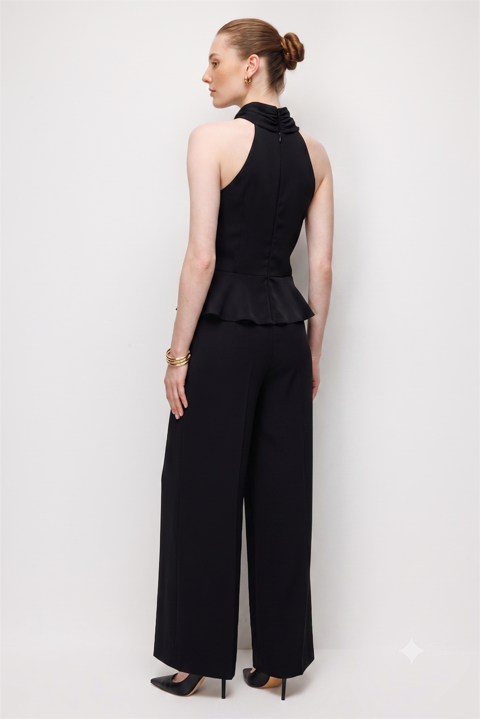 Halter Yaka Drapeli Peplum Bluz Pantolon İkili Takım  SİYAH