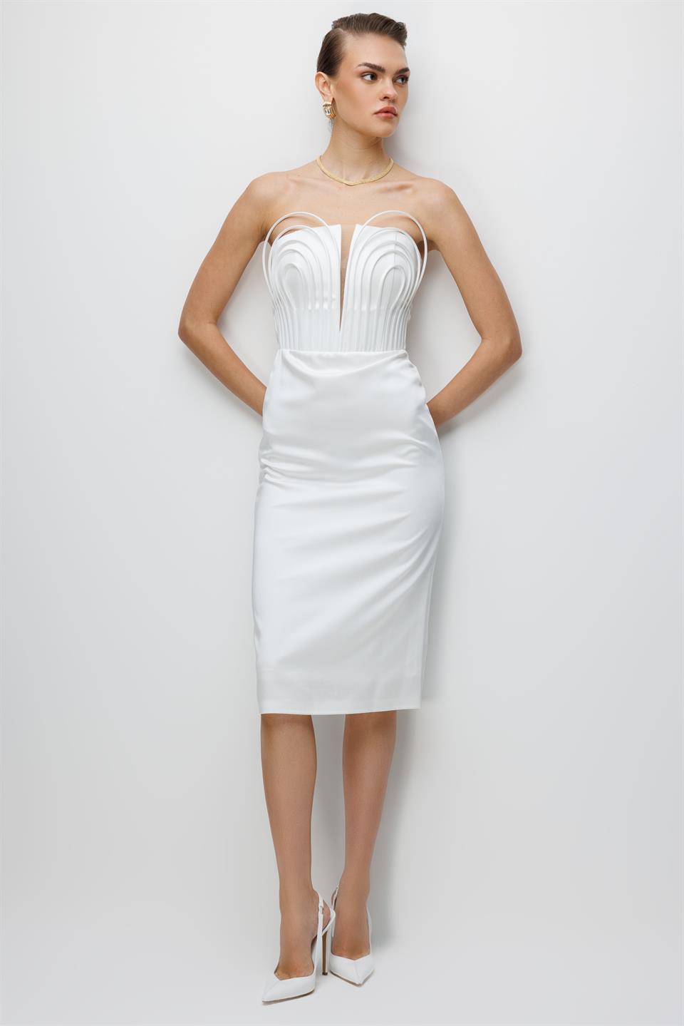 Balenli Midi Boy Straplez Elbise EKRU