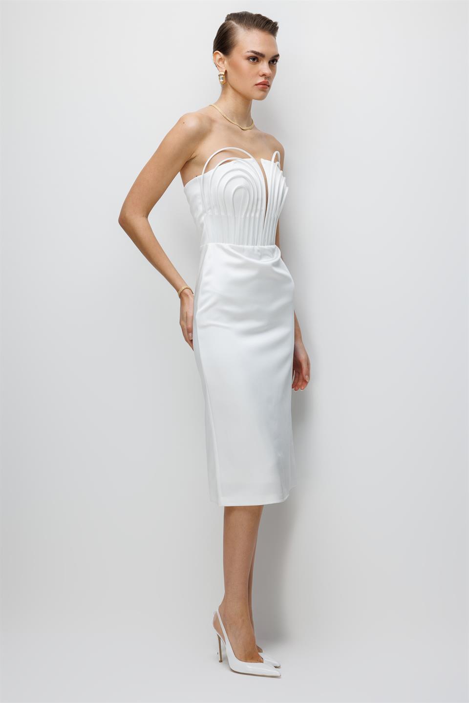 Balenli Midi Boy Straplez Elbise EKRU
