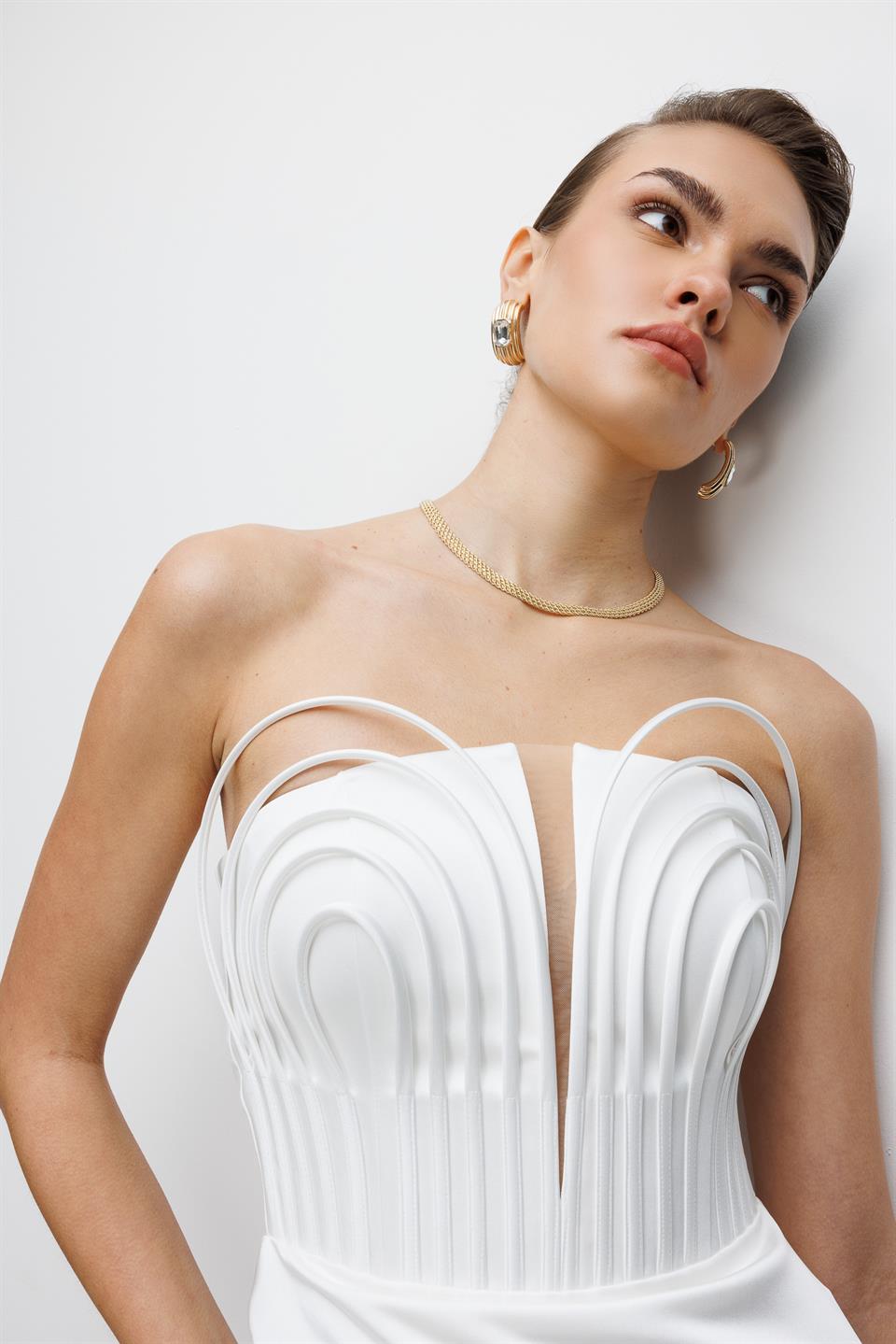 Balenli Midi Boy Straplez Elbise EKRU