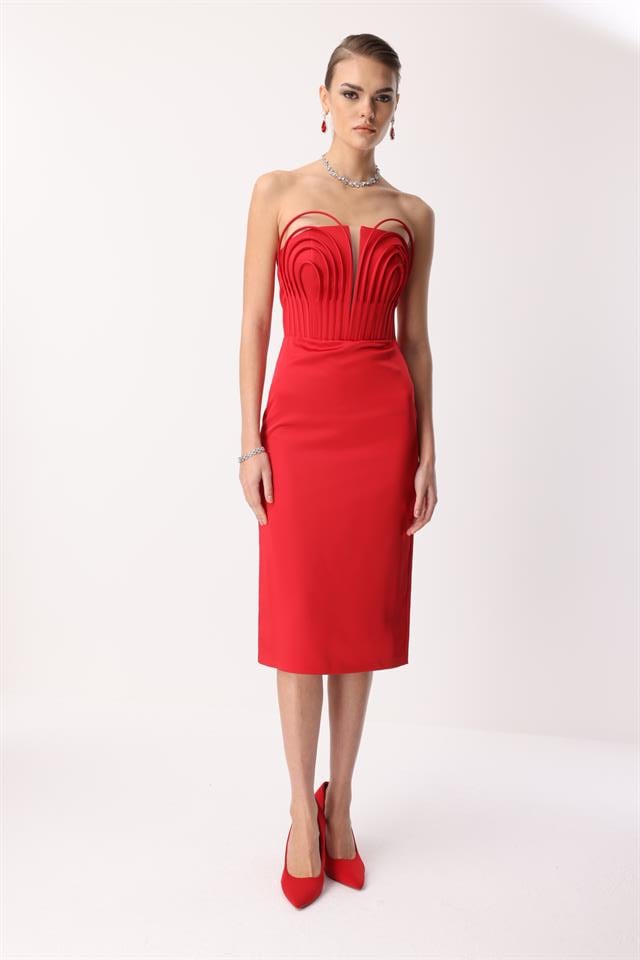 Balenli Midi Boy Straplez Elbise KIRMIZI