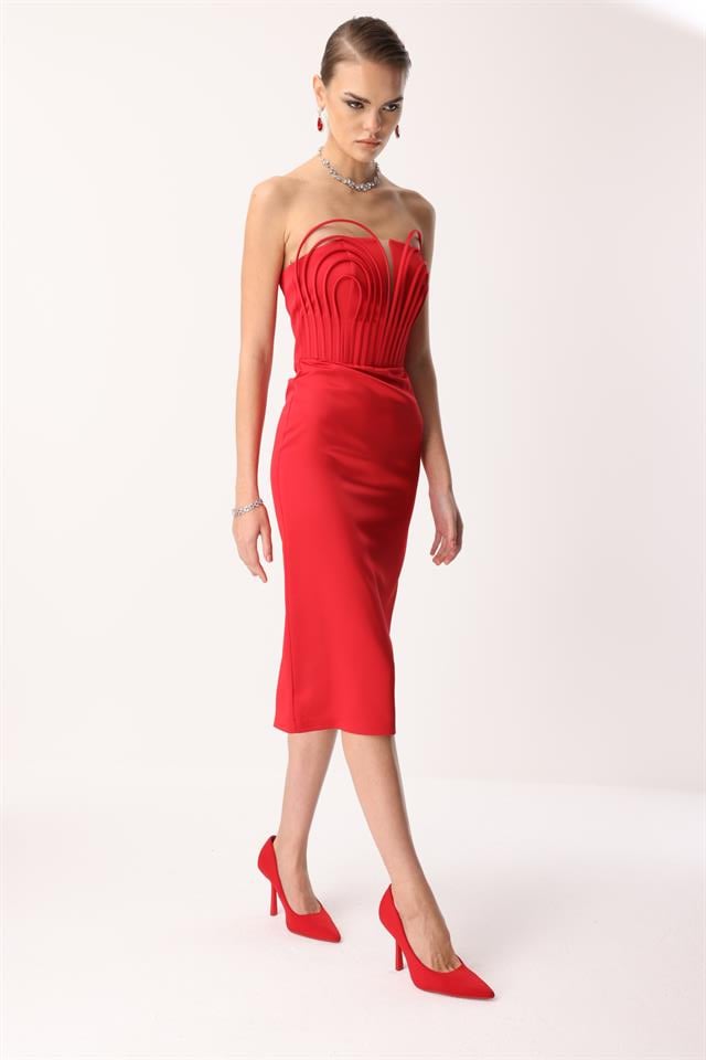 Balenli Midi Boy Straplez Elbise KIRMIZI