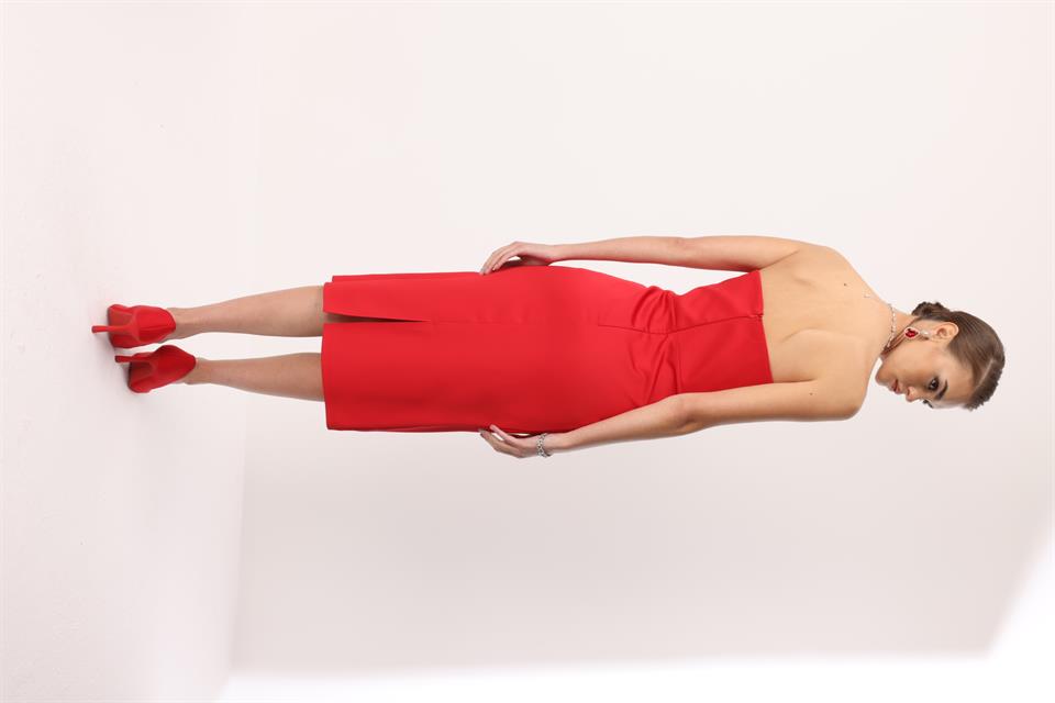 Balenli Midi Boy Straplez Elbise KIRMIZI