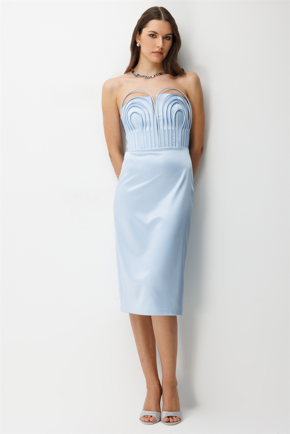 Balenli Midi Boy Straplez Elbise MAVİ