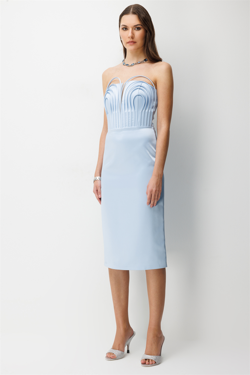 Balenli Midi Boy Straplez Elbise MAVİ