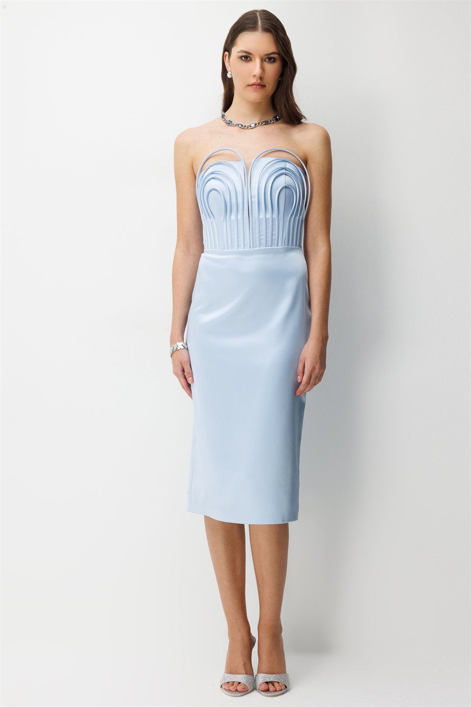 Balenli Midi Boy Straplez Elbise MAVİ