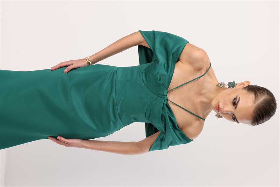 Balık Model Yaka Detaylı Maxi Abiye YEŞİL