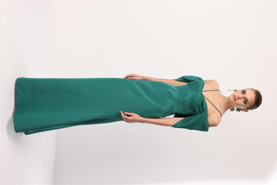 Balık Model Yaka Detaylı Maxi Abiye YEŞİL