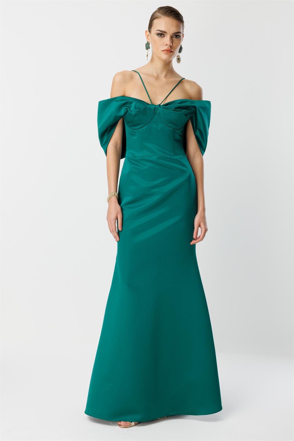 Maxi Evening Dress with Fishtail Neck Detail GREEN