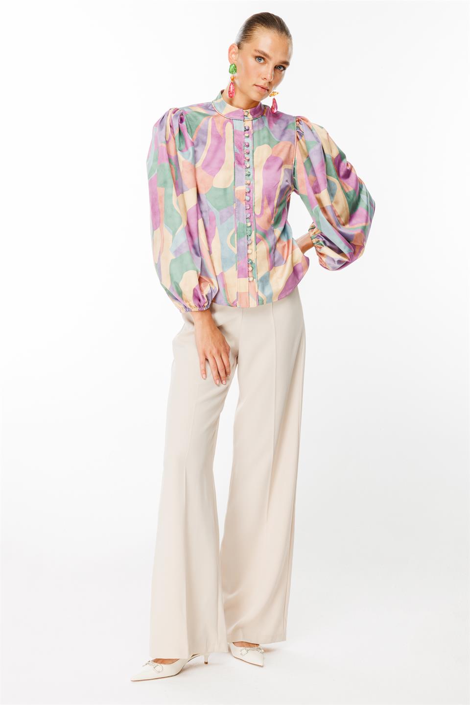 Balon Kol Birit Düğmeli Gömlek DESENLİ