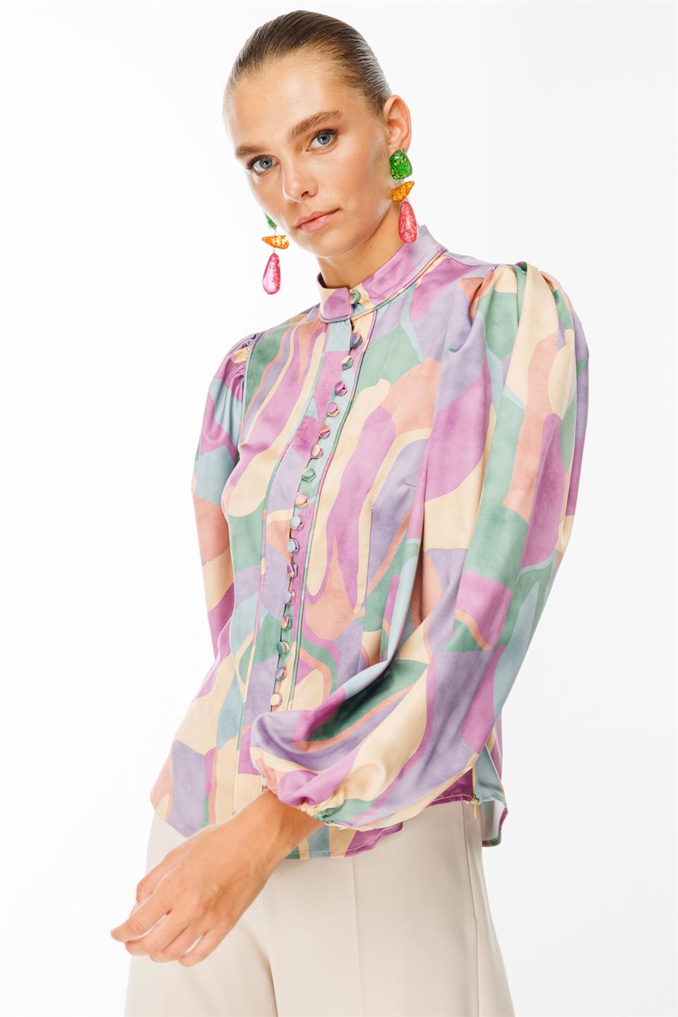 Balon Kol Birit Düğmeli Gömlek DESENLİ