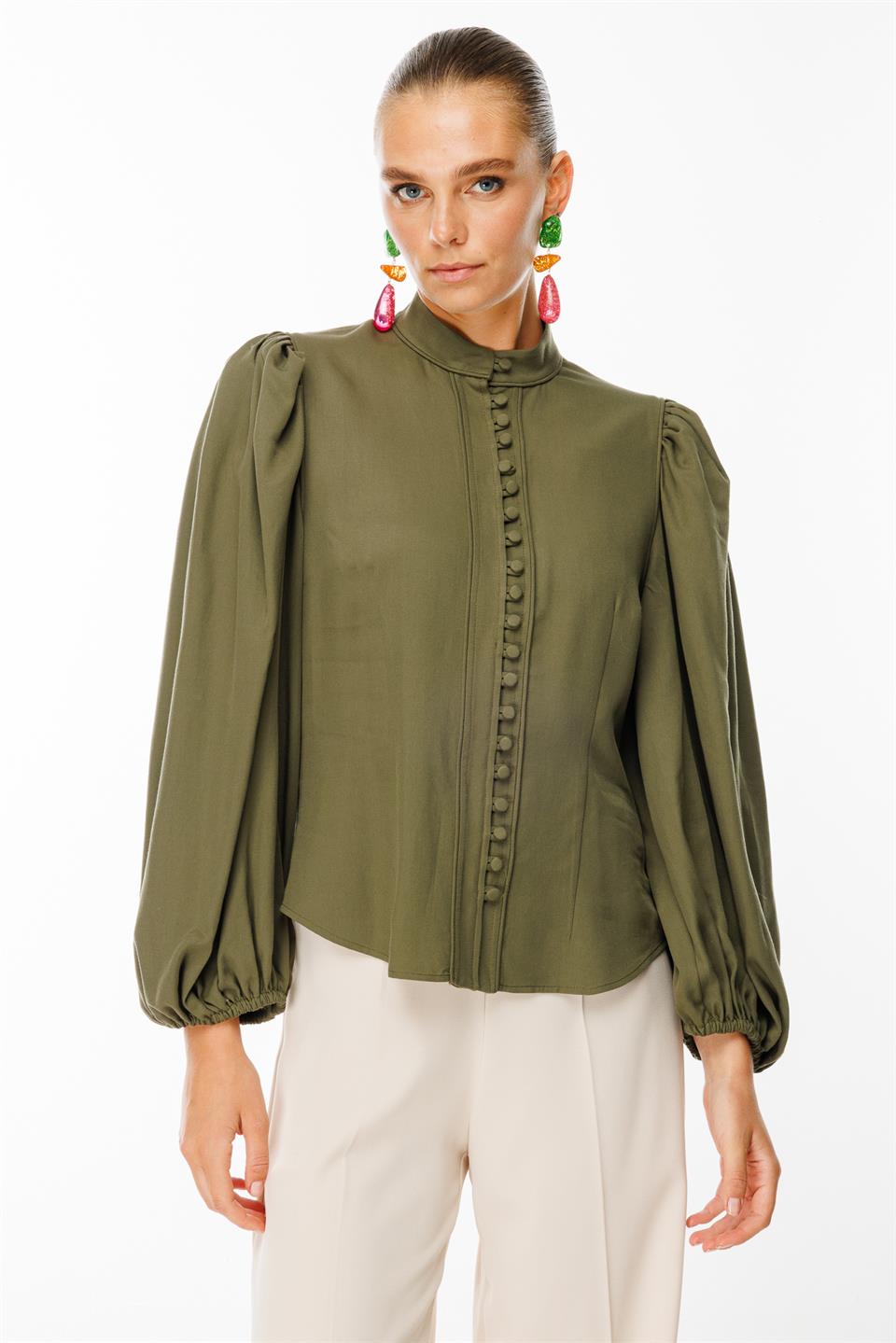 Balon Kol Birit Düğmeli Gömlek HAKİ