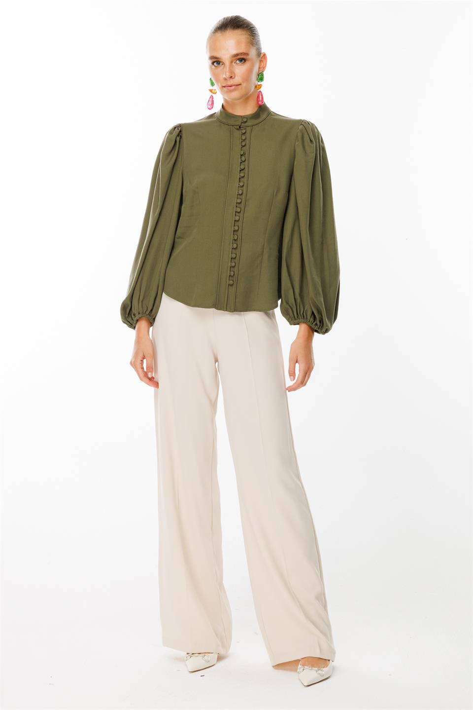 Balon Kol Birit Düğmeli Gömlek HAKİ