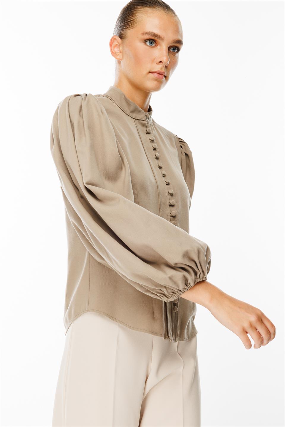 Balon Kol Birit Düğmeli Gömlek VİZON