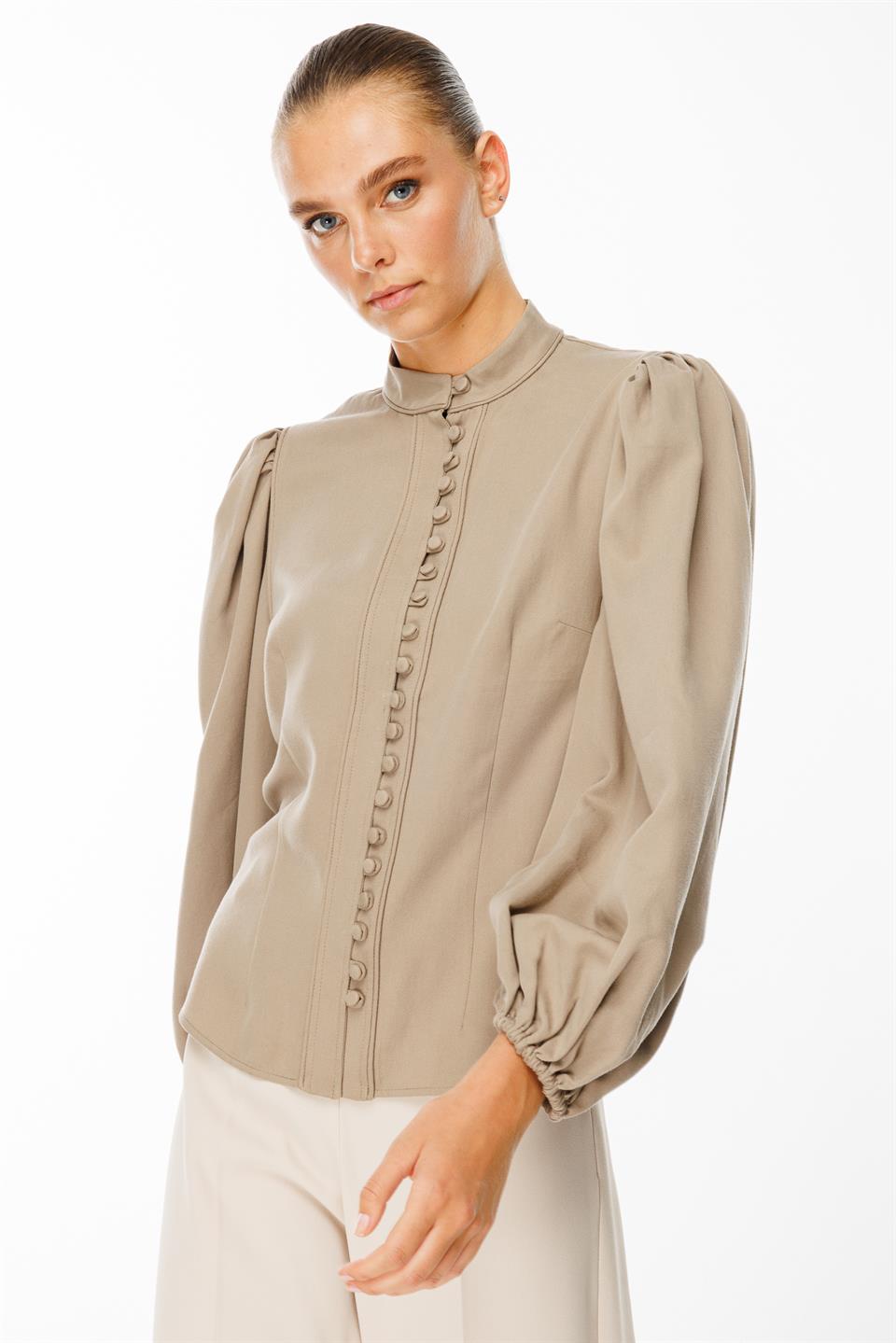 Balon Kol Birit Düğmeli Gömlek VİZON