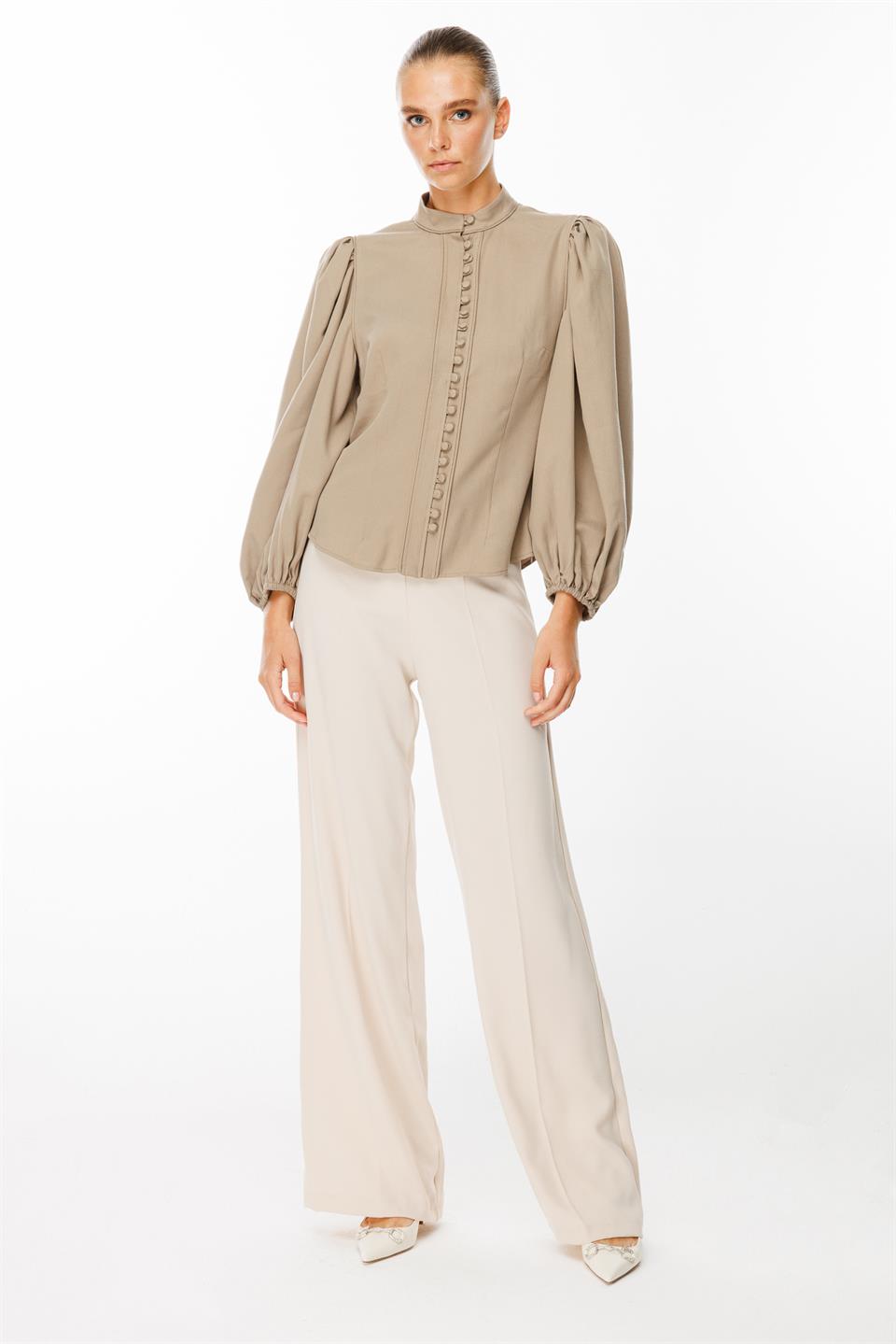 Balon Kol Birit Düğmeli Gömlek VİZON