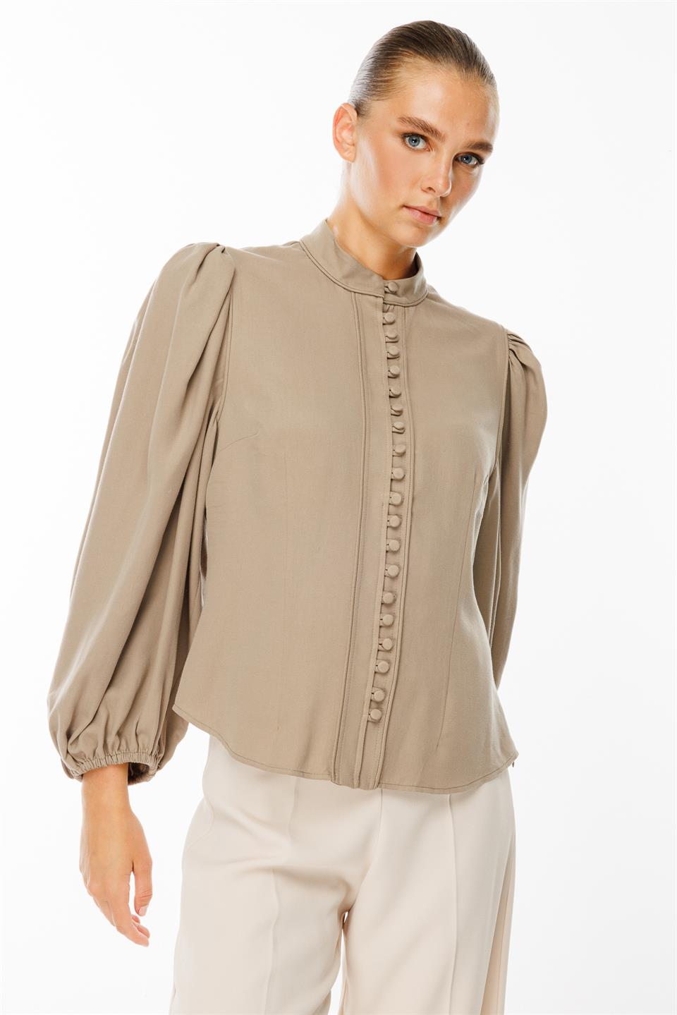 Balon Kol Birit Düğmeli Gömlek VİZON