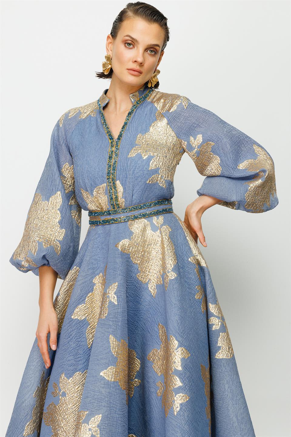 Nefeli Womens Gold Leaf Detailed Blue Balloon Sleeve Dress