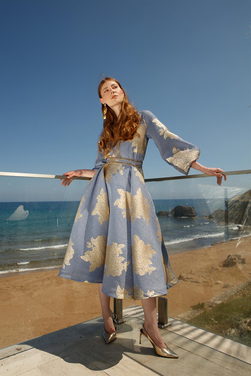 Nefeli Womens Gold Leaf Detailed Blue Balloon Sleeve Dress