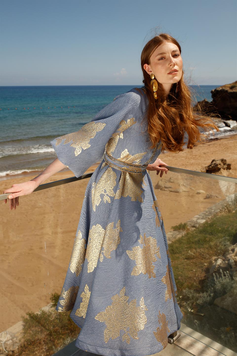 Nefeli Womens Gold Leaf Detailed Blue Balloon Sleeve Dress