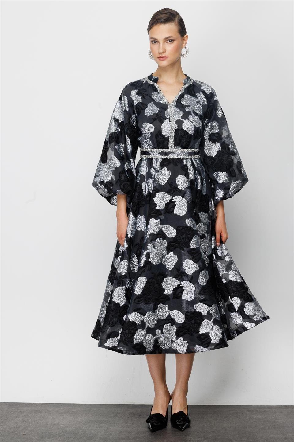 Nefeli Womens Balloon Sleeve Foil Detailed Black Dress