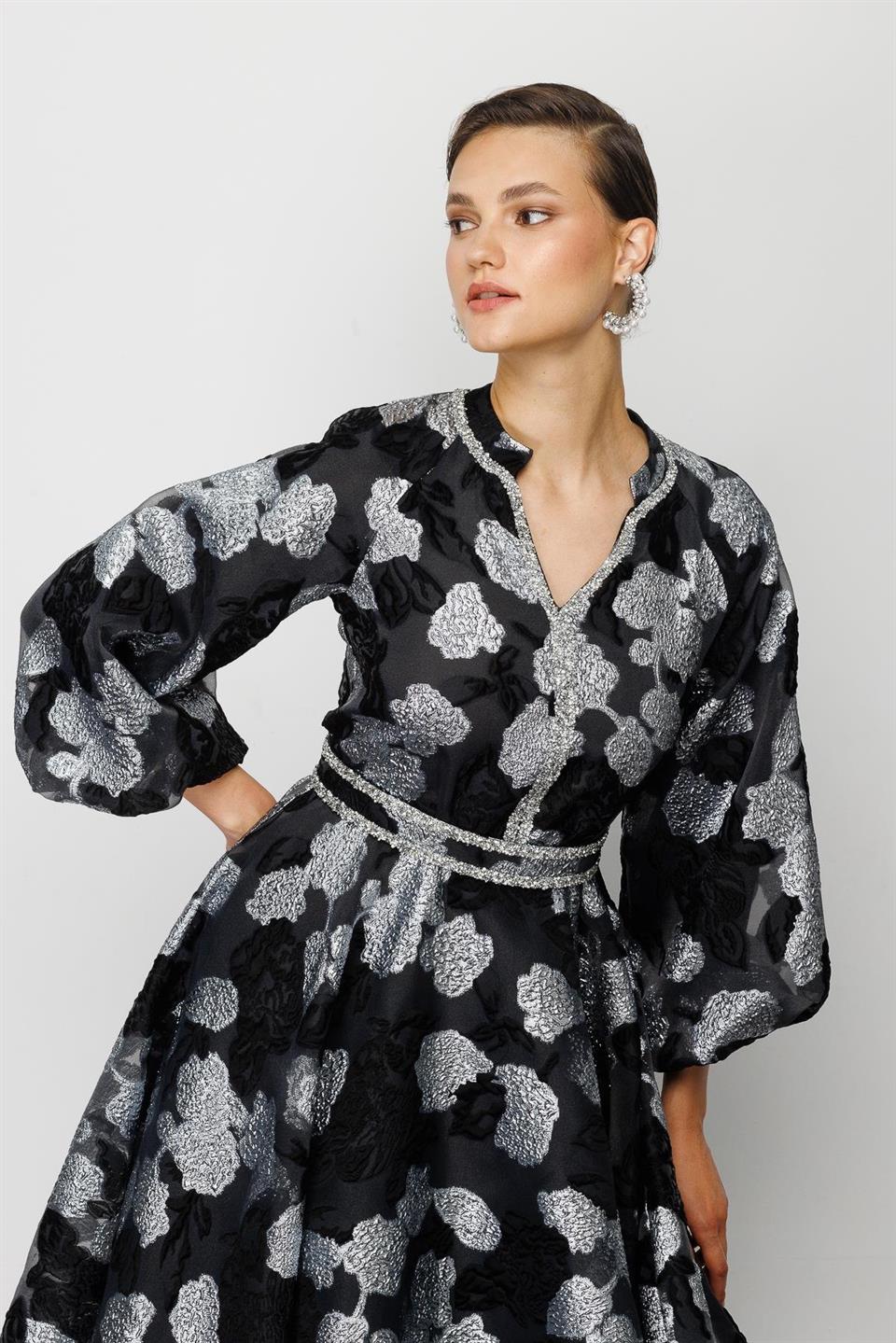 Nefeli Womens Balloon Sleeve Foil Detailed Black Dress