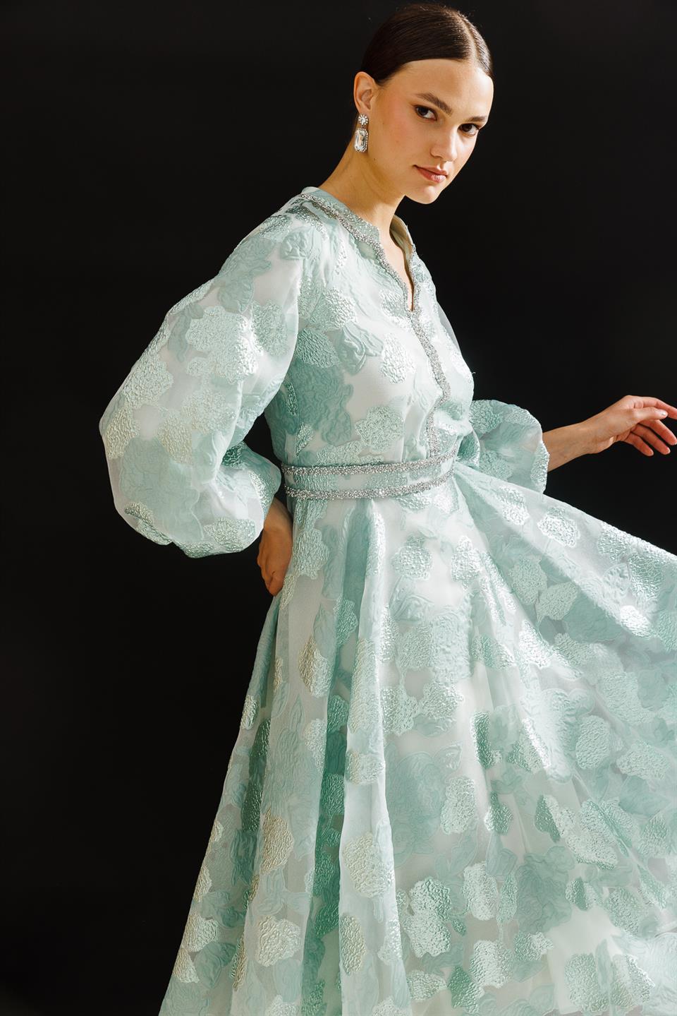 Nefeli Womens Balloon Sleeve Green Dress with Foil Detail