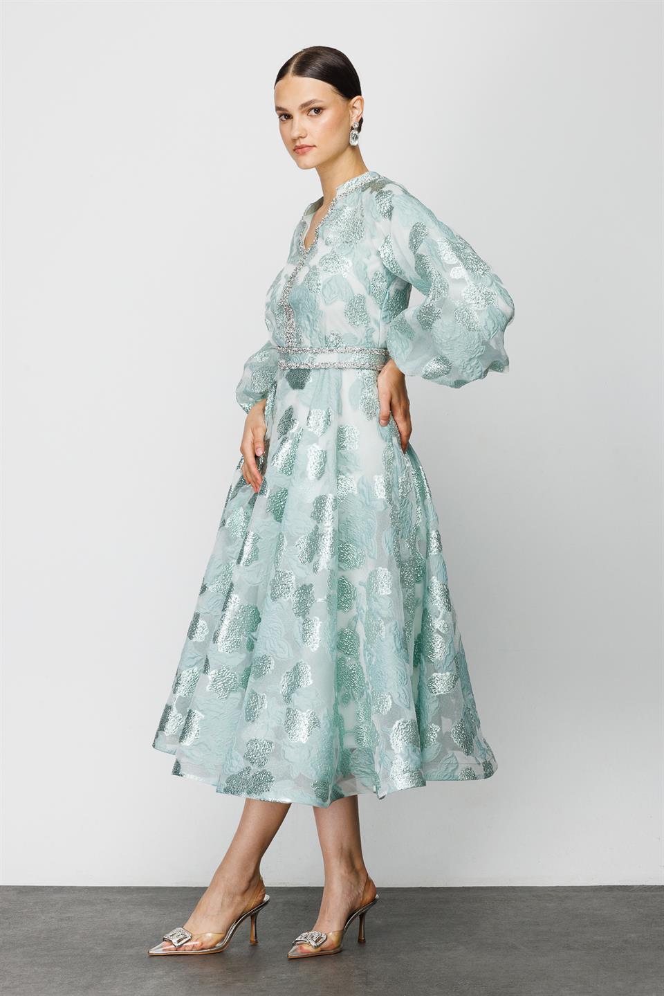 Nefeli Womens Balloon Sleeve Green Dress with Foil Detail