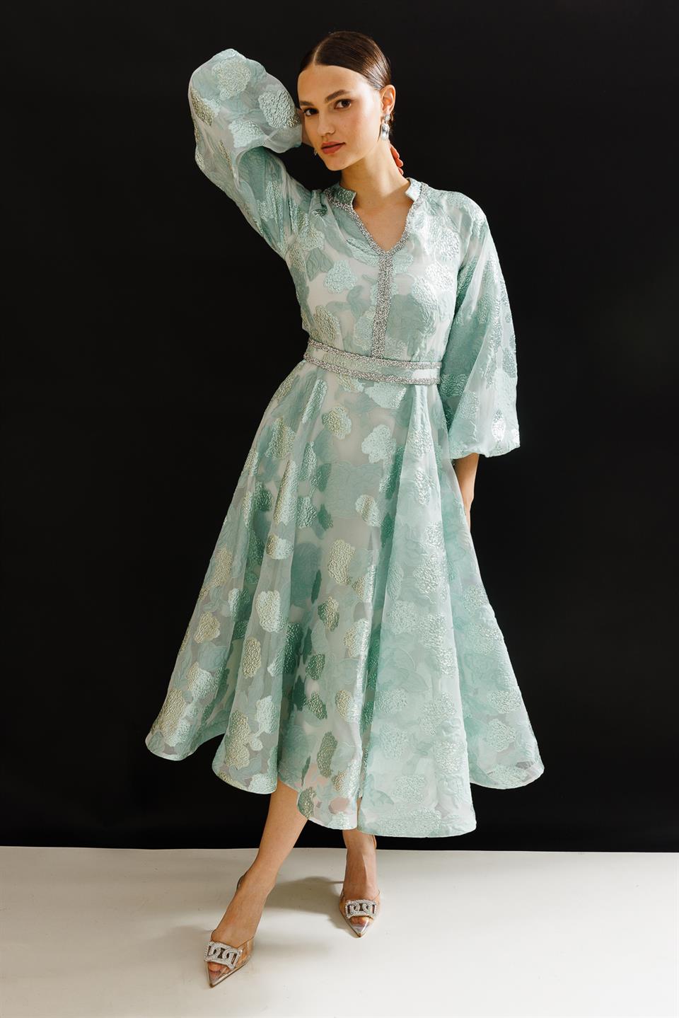 Nefeli Womens Balloon Sleeve Green Dress with Foil Detail