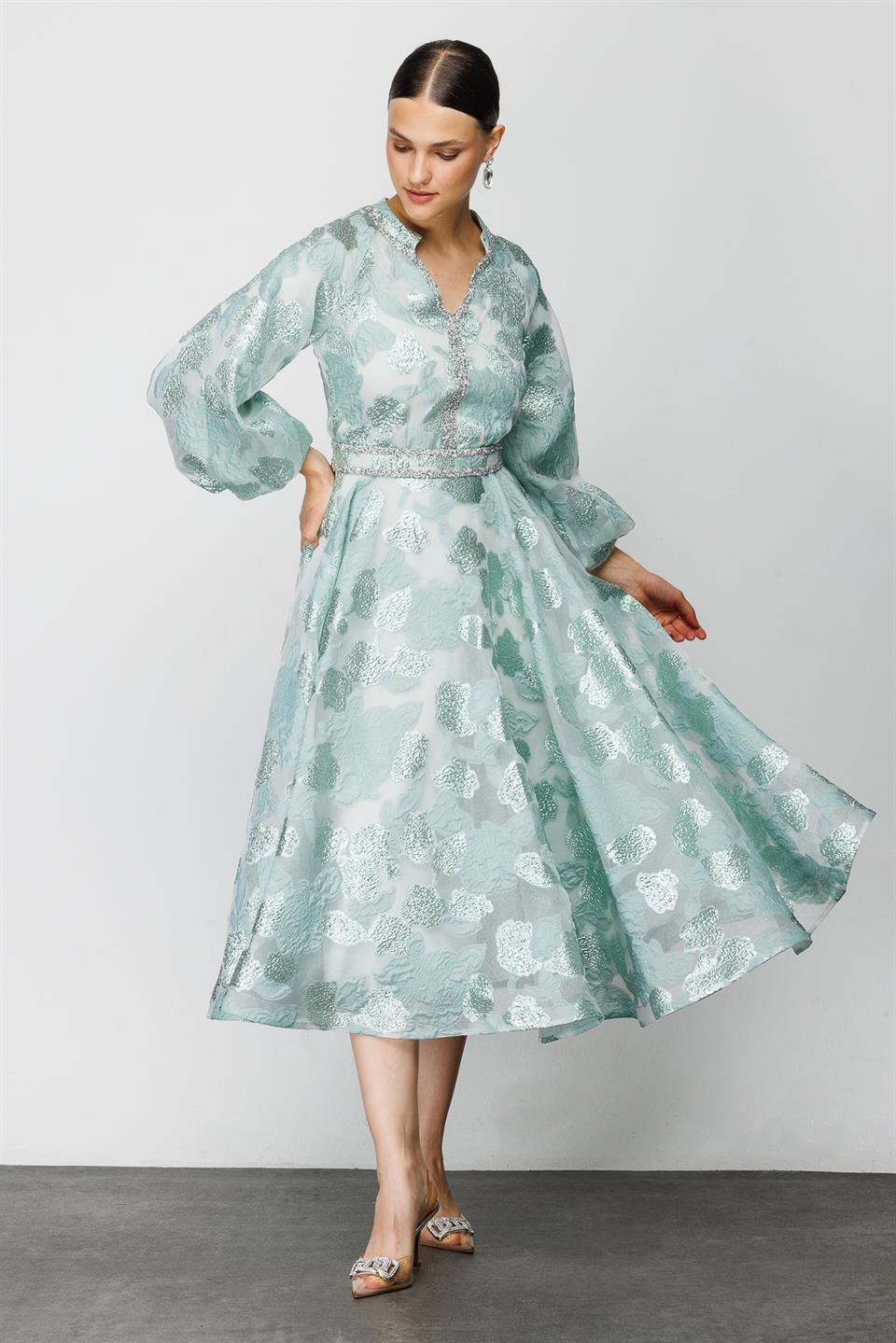 Nefeli Womens Balloon Sleeve Green Dress with Foil Detail