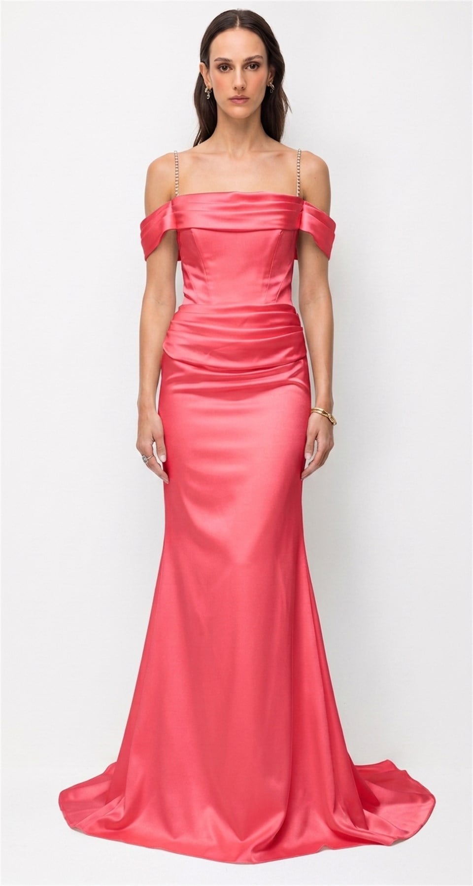 Off-the-Shoulder Satin Evening Gown with Embellished Straps CORAL
