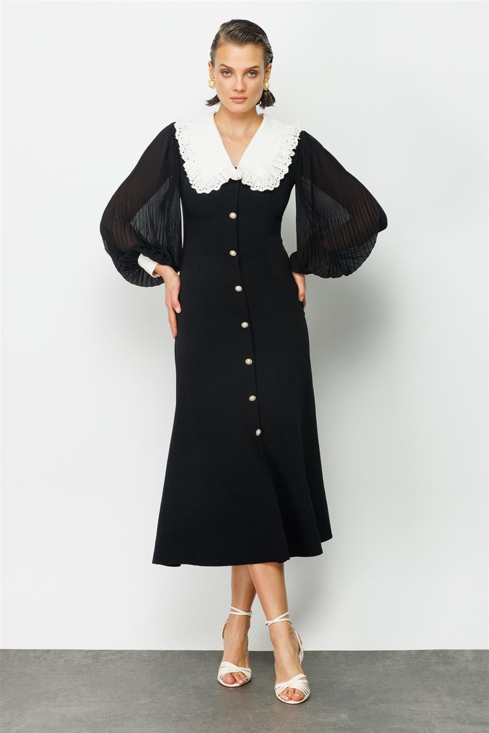 Nefeli Womens Black Lace Collar Detailed Black Dress