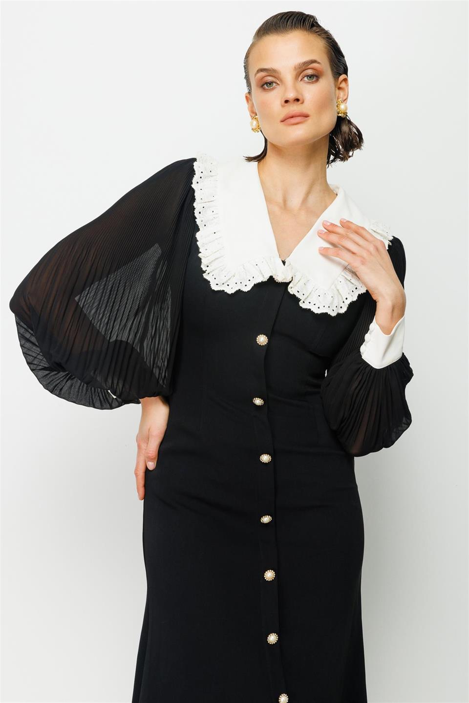 Nefeli Womens Black Lace Collar Detailed Black Dress