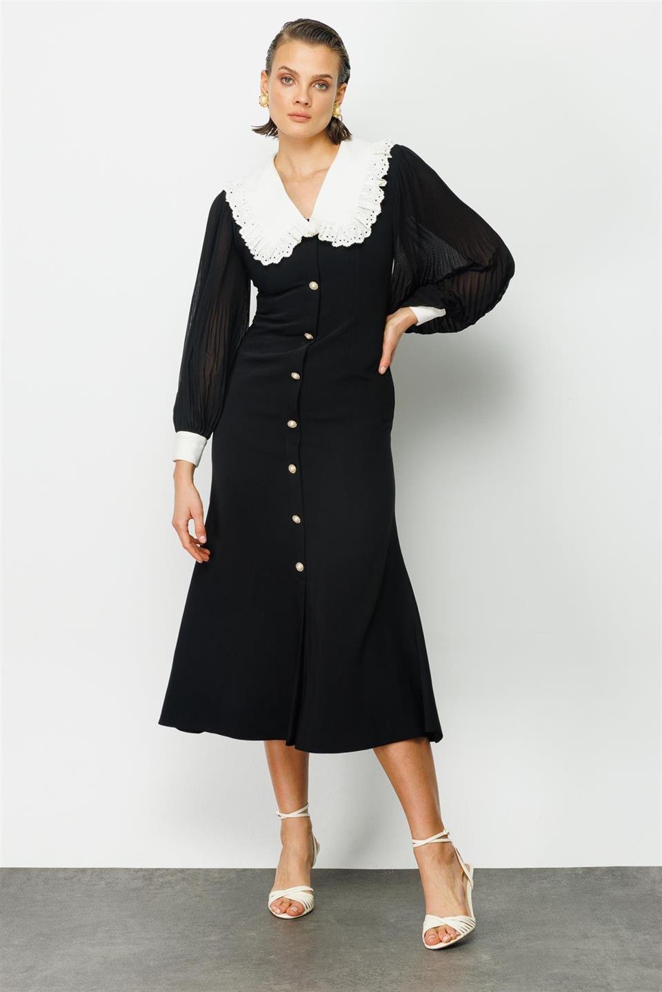 Nefeli Womens Black Lace Collar Detailed Black Dress