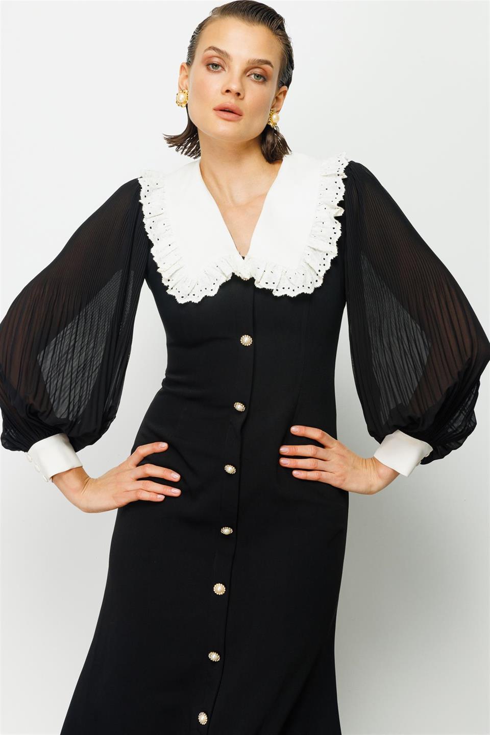 Nefeli Womens Black Lace Collar Detailed Black Dress