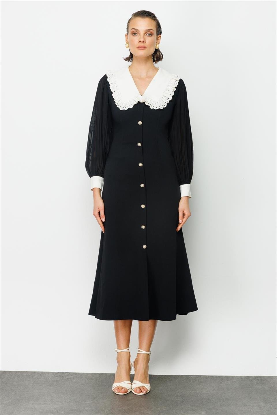 Nefeli Womens Black Lace Collar Detailed Black Dress