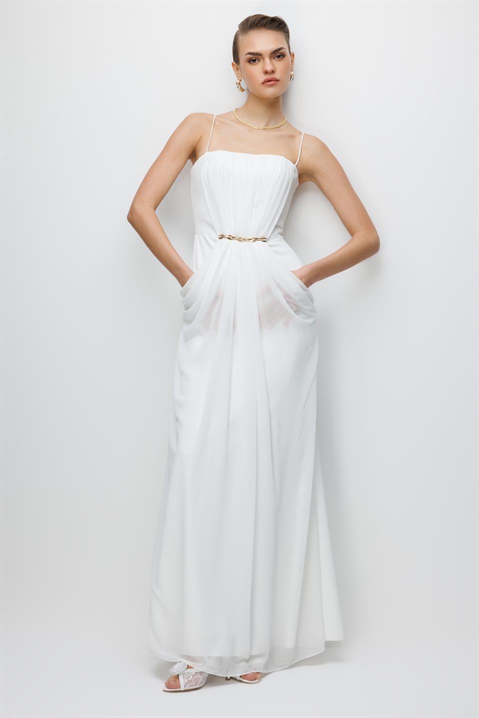 Bel Aksesuar Detaylı Drapeli Maxi Boy Elbise EKRU