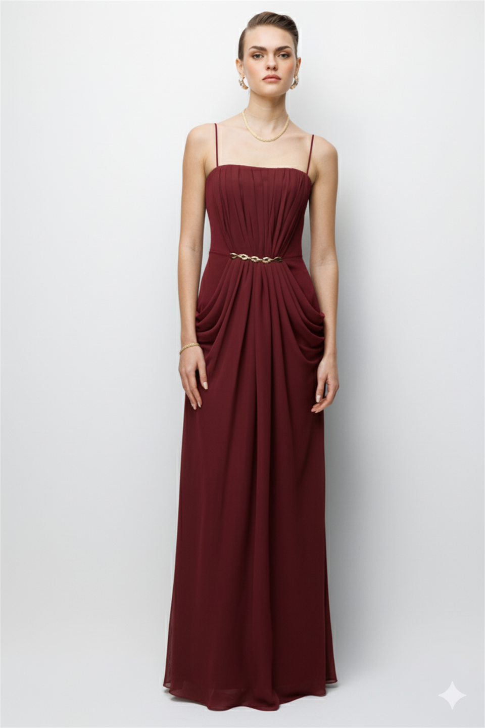 Bel Aksesuar Detaylı Drapeli Maxi Boy Elbise BORDO