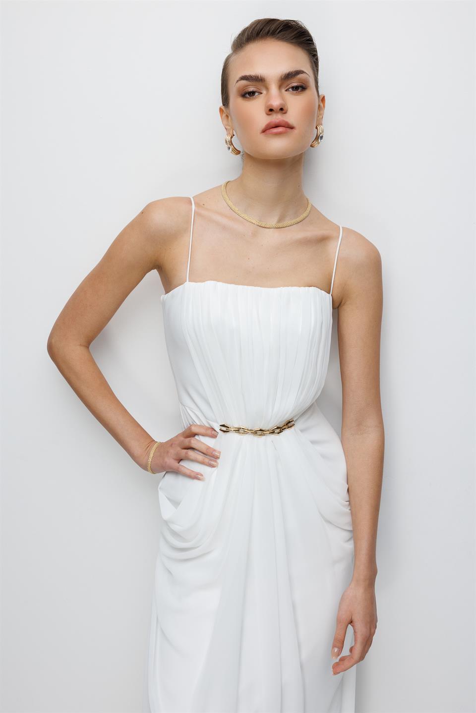 Bel Aksesuar Detaylı Drapeli Maxi Boy Elbise EKRU