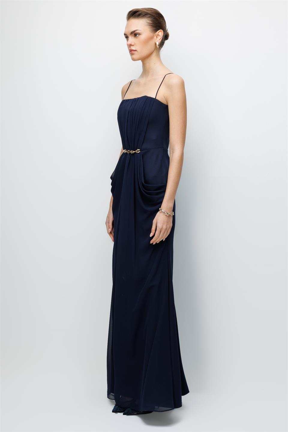 Bel Aksesuar Detaylı Drapeli Maxi Boy Elbise LACİVERT