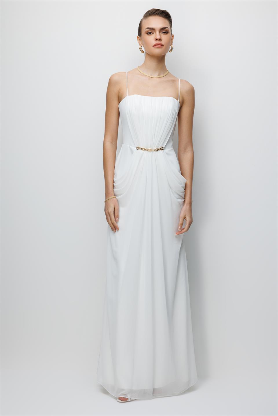 Bel Aksesuar Detaylı Drapeli Maxi Boy Elbise EKRU