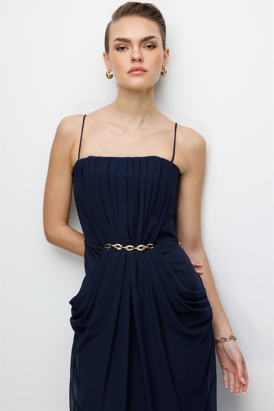Bel Aksesuar Detaylı Drapeli Maxi Boy Elbise LACİVERT