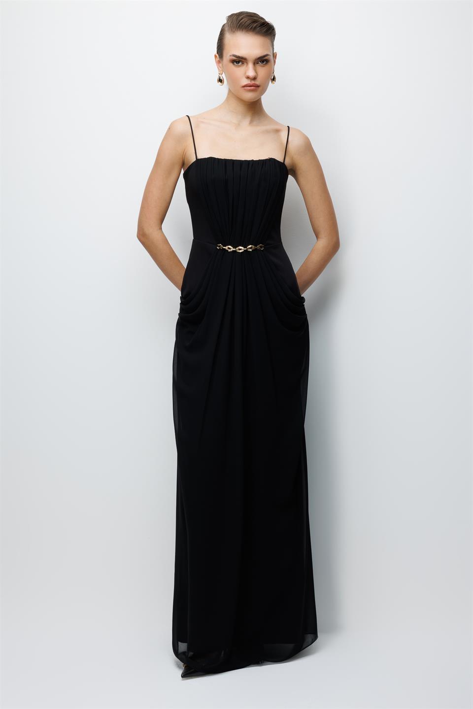 Bel Aksesuar Detaylı Drapeli Maxi Boy Elbise SİYAH