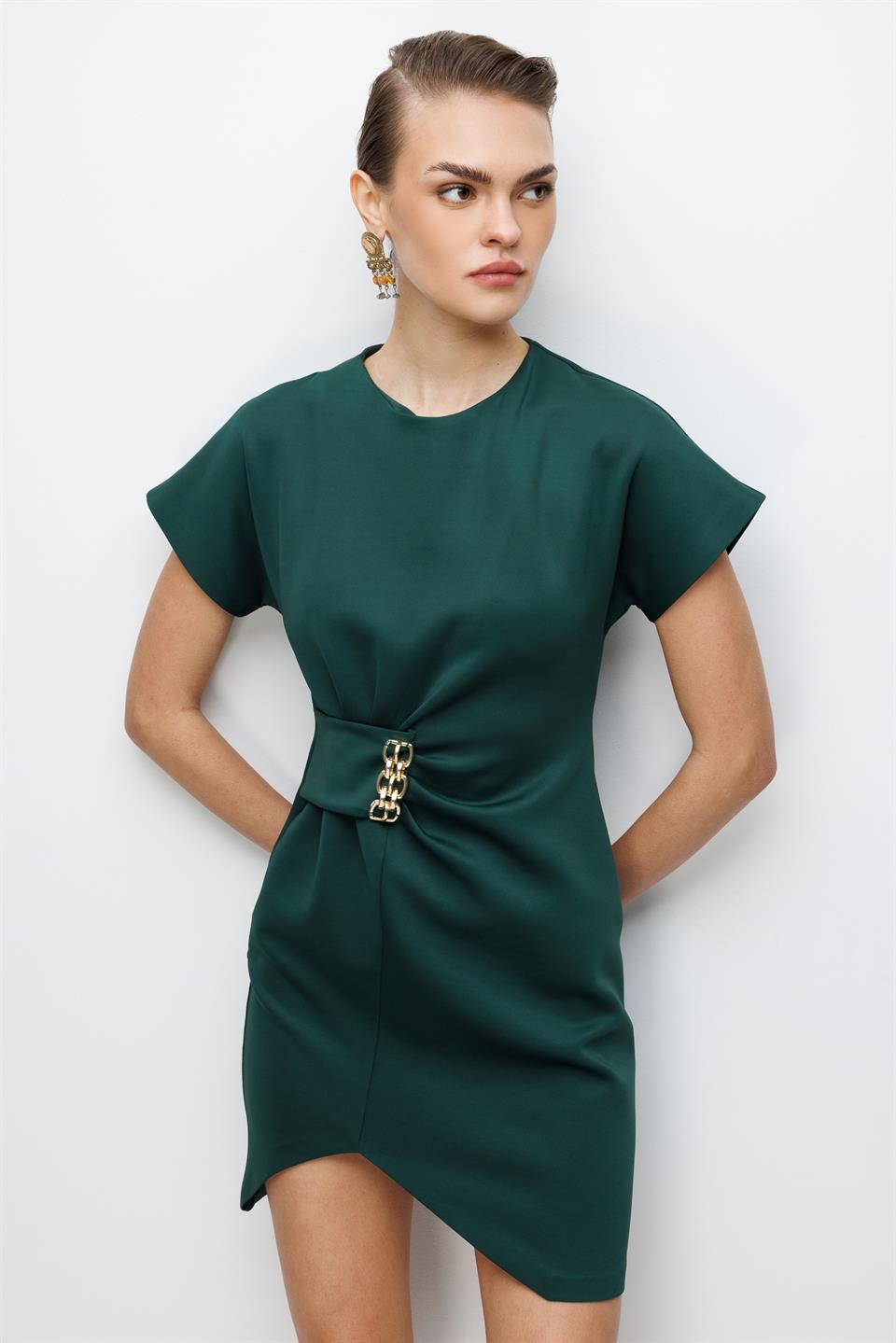 Bel Aksesuar Detaylı Mini Elbise YEŞİL
